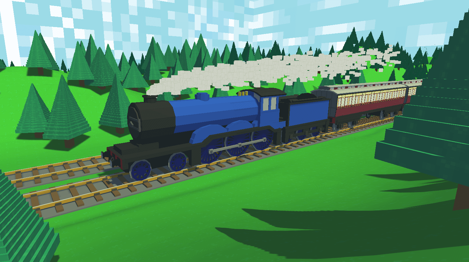 An image of my train game, with the blue train passing the camera while traveling through a valley