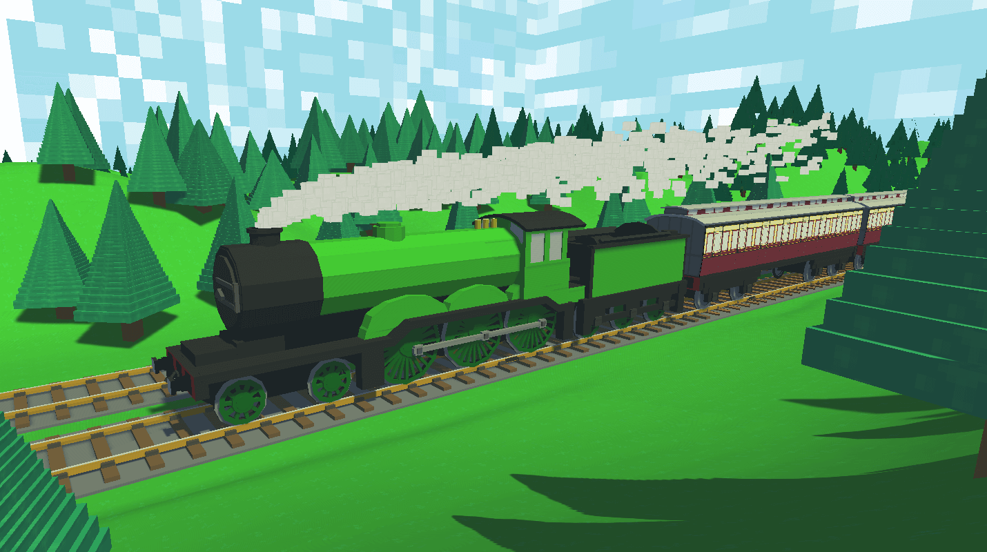 An image of my train game, with the green train passing the camera while traveling through a valley